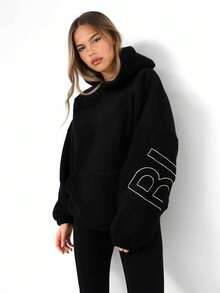 LOVE JOYY 女士连帽衫，宽松套头卫衣，休闲百搭时尚返校季/秋冬款 - 黑色 - 查看 5