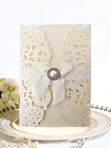 1/5/10pcs Exquisite Glitter Pink Invitation Letter, High-End Hollow Bow Invitation Letter, Gold-Plated Personalized Glitter Pink Greeting Card, Suitable For Wedding Anniversaries, Bridal Showers, Engagement Parties, And Anniversary Dinner Invitations. - Multicolor - View 1