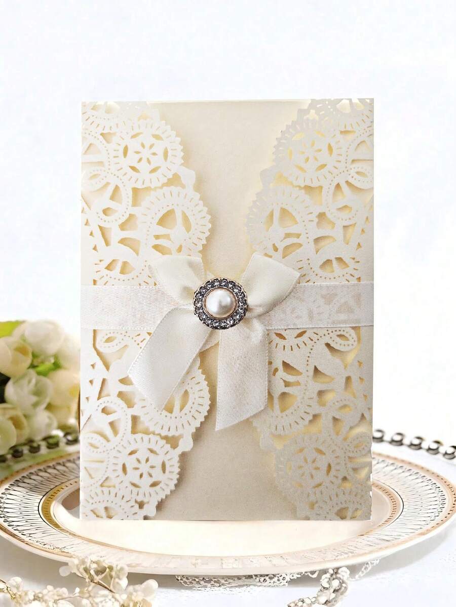 1/5/10pcs Exquisite Glitter Pink Invitation Letter, High-End Hollow Bow Invitation Letter, Gold-Plated Personalized Glitter Pink Greeting Card, Suitable For Wedding Anniversaries, Bridal Showers, Engagement Parties, And Anniversary Dinner Invitations. - Multicolor - View 1