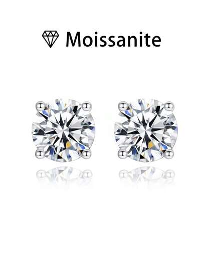 女士结婚耳环一对，四爪镶嵌，1.8克925纯银，镶嵌1克拉莫桑石，波西米亚宫廷风格，适合订婚、结婚、周年纪念、情人节等场合，附赠莫桑石证书和精美礼盒