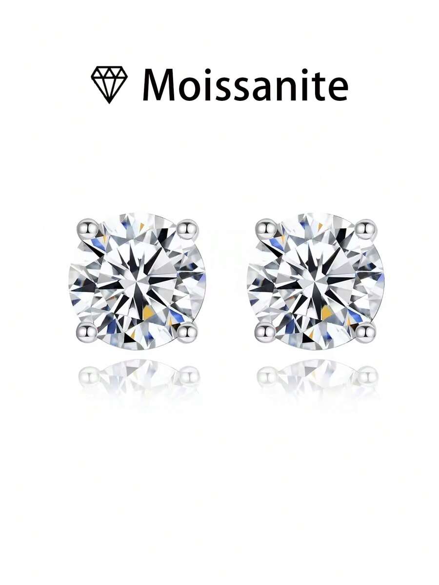 女士结婚耳环一对，四爪镶嵌，1.8克925纯银，镶嵌1克拉莫桑石，波西米亚宫廷风格，适合订婚、结婚、周年纪念、情人节等场合，附赠莫桑石证书和精美礼盒 - 白金 - 查看 1