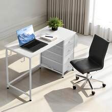 Computer Desk With Fabric Drawers, 47 Inch Reversible Study Work Writing Desk For Modern Home Office Bedroom, Simple Cute PC Table Metal Frame Business Furniture, White - 47-inch with Drawers (4 drawers) - 查看 9