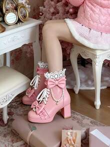 Platform Sweet Bow  Ankle Boots For Women Lace Goth Chunky Mid Heel Boots With Pearl Comfort Lace Up Princess Booties - 粉色 - 查看 5