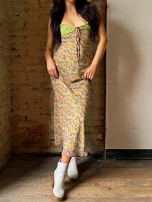 女款秋季蕾絲拼接印花後綁帶式洋裝，適合派對、返校穿著 - 綠色 - 查看 7