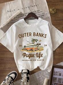 1 Pcs Minimalist Round Neck Short Sleeve T-Shirt With Outer Bank Graphic Print For Daily Casual Wear 180g 100% Cotton,The Patterns Are All Printed. Unisex. - Trắng - Xem 1