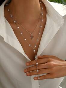 1 Set mit 2 Stücke minimalistischer Kreuz-Anhänger Halskette, elegante silberfarbene Kette mit Kunstperlen und langem Quasten-Anhänger, geeignet für den täglichen Gebrauch, Partys und Urlaub (Handgemachte Perlenanzahl zufällig) - Silber - Übersicht 2