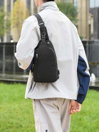 Single-Shoulder Crossbody Large-Capacity Chest Bag, Simple Solid Color, Casual For Outings And Commuting, Lightweight, USB Port And Headphone Hole, Waterproof Fabric, UnisexSingle-Shoulder Crossbody Large-Capacity Chest Bag, Simple Solid Color, Casual For Outings And Commuting, Lightweight, USB Port And Headphone Hole, Waterproof Fabric, Unisex