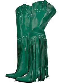 Richealnini Fringe Thigh High Boots With Tassels Wide Calf Over Knee Western Cowboy BootsChristmas - 綠色 - 查看 7