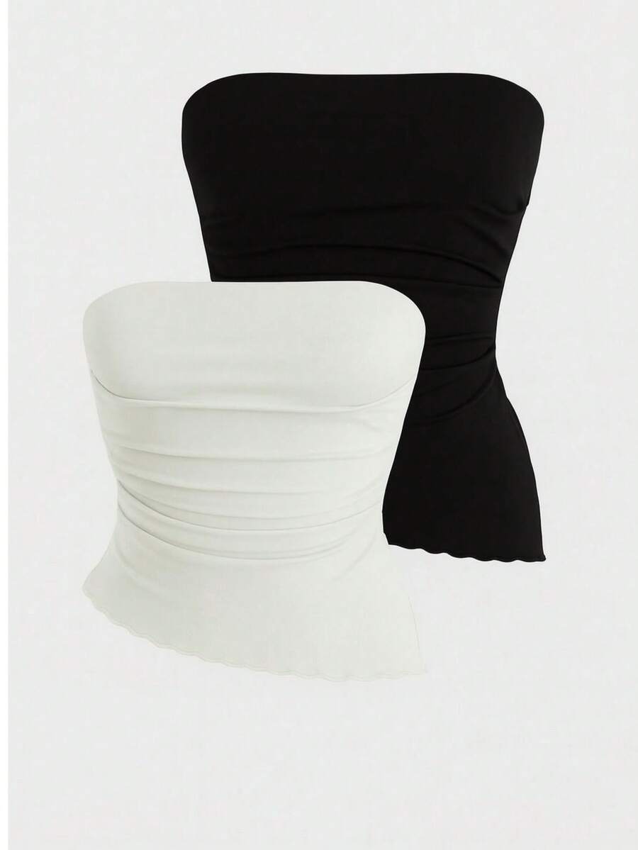 Set Of 2 Strapless Cropped Tops In Stretchy Fabric With Side Draping, Strapless Design, And Wavy Hem, Offering Style And Comfort. - Đen và trắng - Xem 1