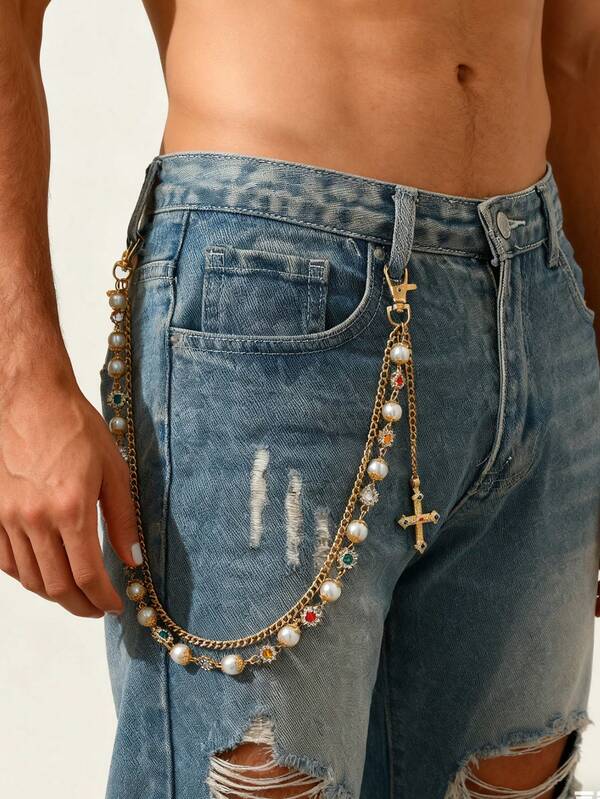 1 buc. lanț de pantaloni cu stras și cruce perlată personalizată pentru bărbați, stil Cyberpunk, curea de talie unisex din metal multistrat la modă, accesoriu Y2K