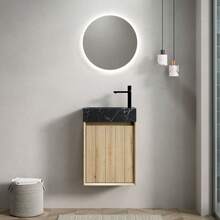 VITO 40cm Wall-Mounted Bathroom Sink With Undermount Sink In Black Marble With Stone Pattern, Solid Wood Cabinets With Stripes, One Door, Pre-Assembled, White Oak Grain Color - 1 - View 1