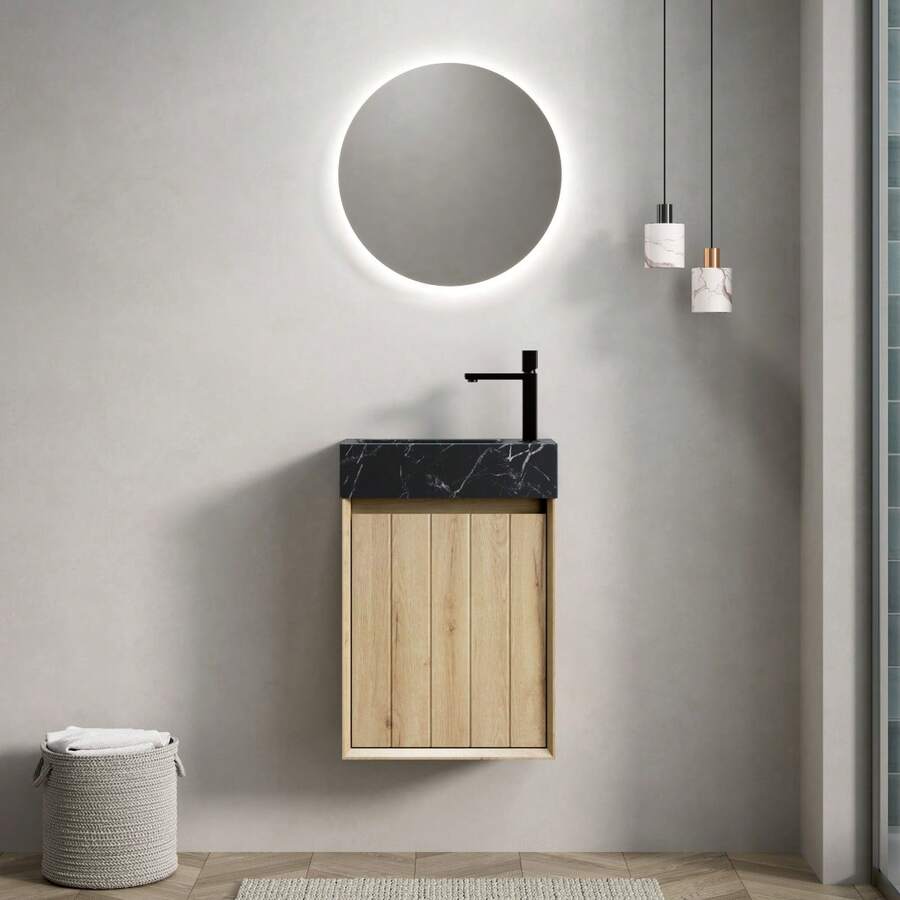 VITO 40cm Wall-Mounted Bathroom Sink With Undermount Sink In Black Marble With Stone Pattern, Solid Wood Cabinets With Stripes, One Door, Pre-Assembled, White Oak Grain Color - 1 - View 1