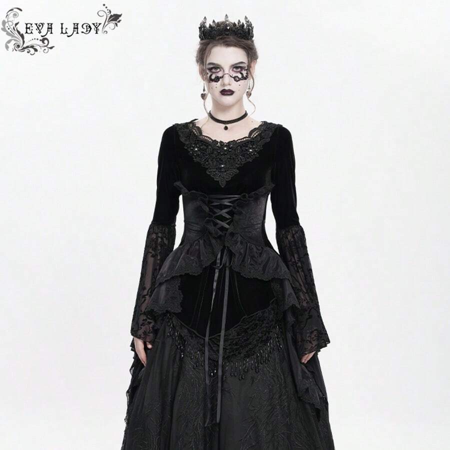 EVA LADY 一件哥特式天鹅绒蕾丝系带多层喇叭袖上衣,适合哥特主题派对和艺术展览。 - 黑色 - 查看 1