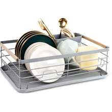 LIVINGANDHOME Living And Home Kitchen Countertop Stainless Steel Dish Drainer Rack,Cutlery Holder Dish Drying Rack With Wooden Handle,Kitchen Organizer Storage Shelf - Grey - View 6