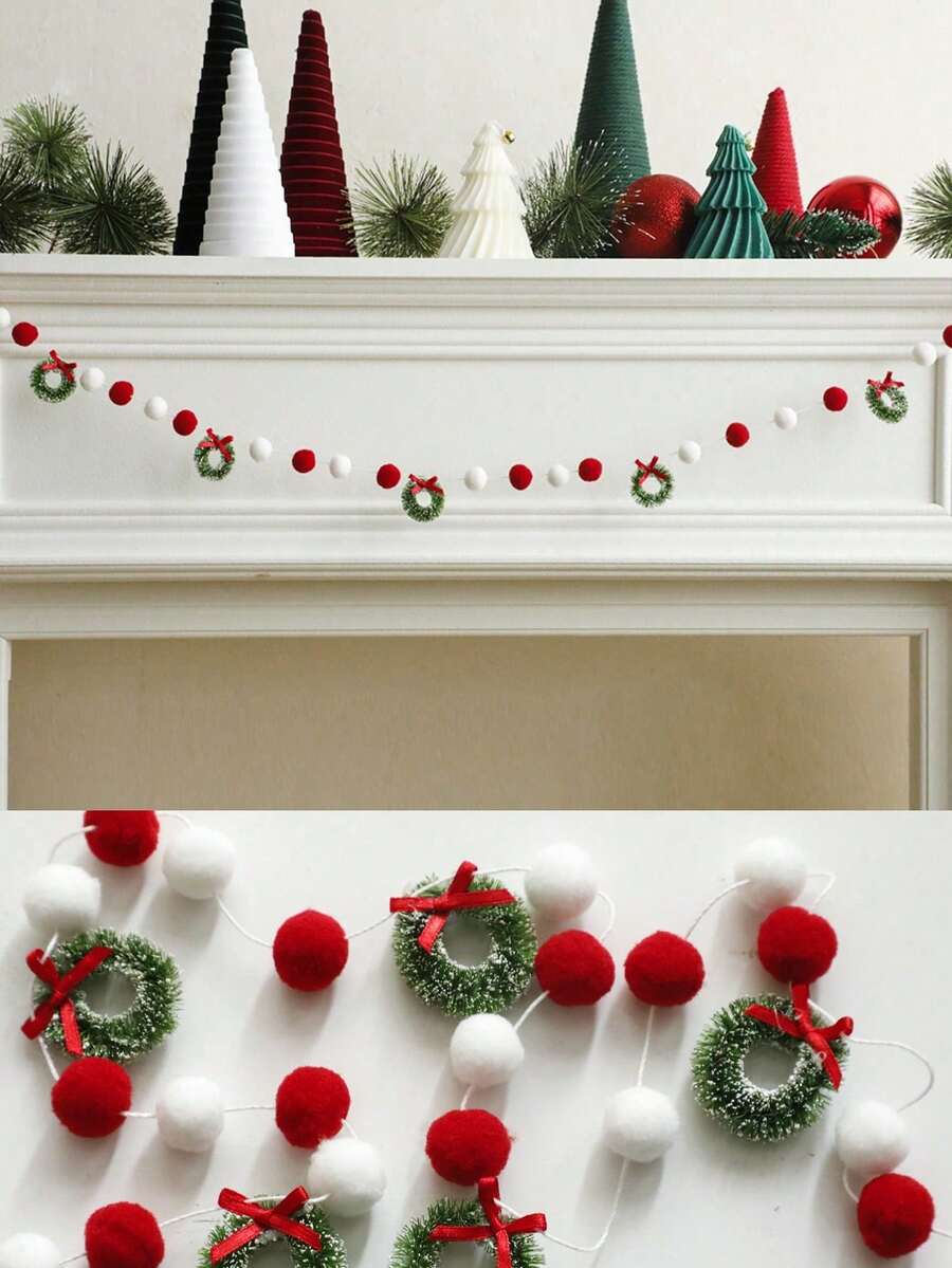 1pc Christmas Pom Pom Wreath, Includes Mini Wreath, Red & White Felt Ball Garland, Holiday Fireplace Decor, Christmas Fireplace Hanging Decor, Winter Home Decor Accessories, Christmas Decoration, Room Decor