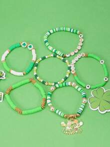 22/23/34Pcs St. Patrick's Day Shamrock Bracelet Set - Stackable Green Lucky Beaded Wristbands With Golden Accents, Festive Irish Festival Jewelry, Ideal Daily Wear & Gift - Multicolor - View 6