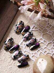 10pcs Acrylic Press On Nails Black Nails Flower Halation Golden Purple Cat Eyes Short Nail Fake Nails Artificial Nails Kit Includes 1sheet Adhesive Tabs &1 Pc Mini File - Multicolor - View 2