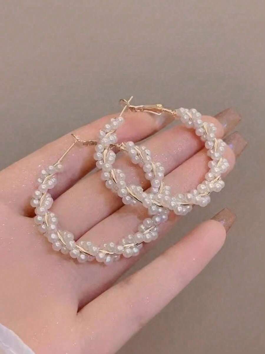 一对优雅奢华简约设计ABS仿珍珠C形耳环，适合女性街头风、宴会、派对等场合佩戴 - 金色 - 查看 1