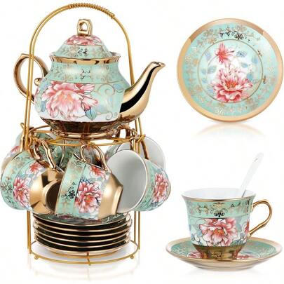 3Zhehao 20 Pcs Porcelain Tea Set With Metal Holder And Spoon Adult Ceramic Tea Set European Flower Painting Teapot Cup Saucer Spoon For Women Large Version Fresh Style