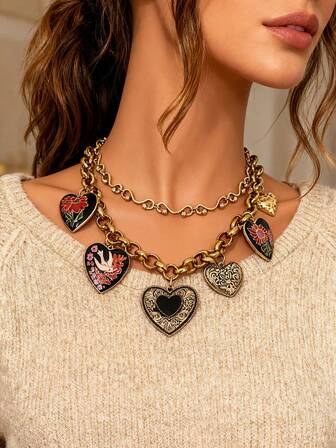 1 pieza Collar de capas con corazón colorido de aleación con estilo retro, accesorio de joyería de alta gama versátil y de moda para mujeres