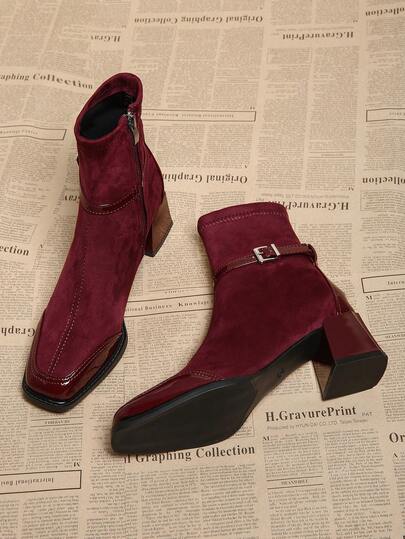 Bottes à bout carré et talon épais pour femmes, nouvelles bottes de cheville de style français pour l'automne/hiver avec patchwork en velours, bottes fines haut de gamme, élégantes