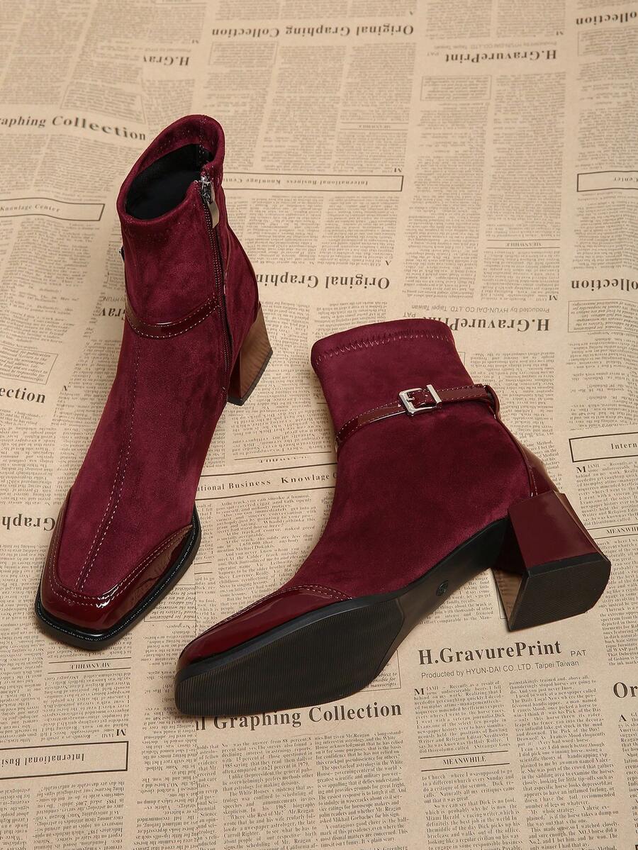 French Square Toe Chunky Heel Boots For Women, New Autumn/Winter French Style Ankle Boots With Velvet Patchwork, High-End Slim Boots, Elegant - Burgundy - View 1