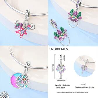 1 件 S925 纯银烟花吊坠，紫色魅惑面具，羽毛，粉色星星吉他，万圣节氛围吊坠，音乐爱好者 DIY 女士饰品，节日服装