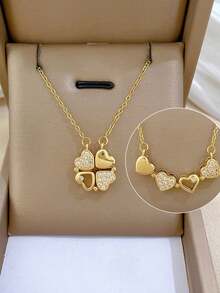 SHEIN MOD 1 件不锈钢心形项链，不褪色铜质全铺镶水钻女士项链，可打开四叶花百搭颈链，情侣礼物珠宝 - 項鍊 - 查看 2