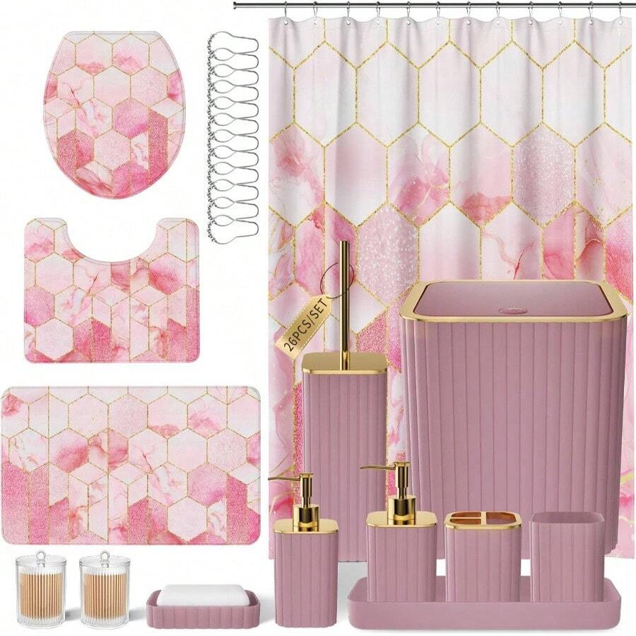 Bathroom Set - 26PC Bathroom Set With Shower Curtain And Rugs, Bathroom Accessory Set, Pink Bathroom Accessories Set, Trash Can Soap Dispenser - Pink + Bath Set+Shower Curtain+Bath Rug - View 1