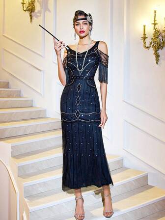 LVNES Women's Sequins Long Dress, 1920s Gatsby Party Tassel Dress, Black Wedding Guest, Formal Prom Dress