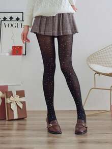 1双女士黑色圣诞长袜，加厚秋冬款，季节性蕾丝拼接雪人雪花图案，圣诞糖果棒图案，红色透气袜底，Y2K性感黑色丝绸节日派对趣味风格连裤袜，紧身袜 - 黑色 - 查看 14