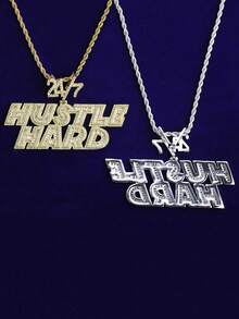 DUBSS 1 件装镶钻 Hustle Hard 24/7 男士项链吊坠，5A 级立方氧化锆镀金嘻哈饰品 - 字母 - 查看 8
