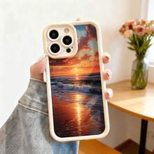 Cubierta de telefono con borde negro diseño puesta de sol en playa naranja y dorada para uso diario y viajes - Blanco - Ver 2
