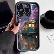 Cubierta de teléfono con diseño de tranvía en otoño verde con flores púrpuras y reflejos en la lluvia para uso diario y viajes - Blanco - Ver 1