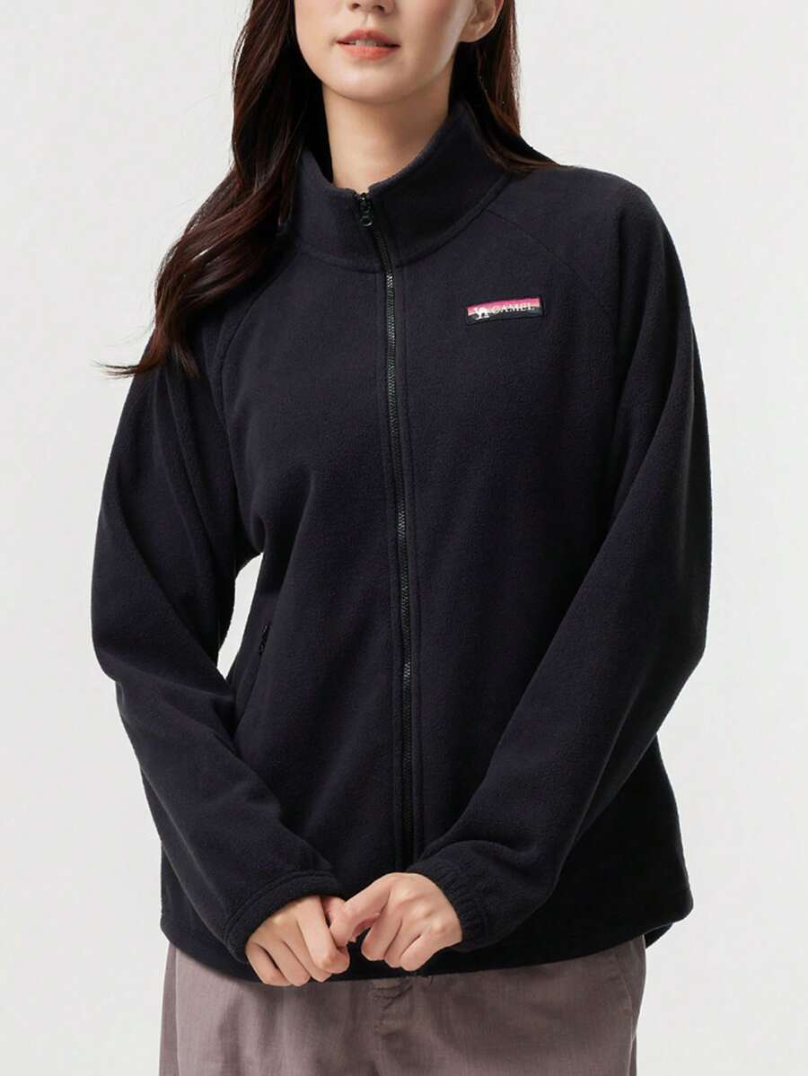 CAMEL CROWN 女士户外抓绒外套，双面抓绒，保暖，防静电，立领，防风内衬 - 幻影黑 - 查看 1