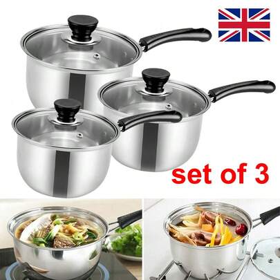 Stainless Steel Cookware,Classic Collection 6 Piece Pan Set, 16/18/20 Cm, Stainless Steel, Non-Stick, Suitable For Induction, Gas And Electric Hobs, Includes Tempered Glass Lids,Kitchen Milk Cook Saucepan Pan Pot Set ﻿