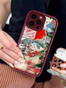 1pc Red Christmas Santa Snow Scene Pattern TPU Phone Case Full Body Shockproof Non Slip Cover Holiday Gift For Girlfriend Or Self Use Compatible With IPhone 17 16 15 14 13 12 11 XS X SE Series And Galaxy S25 S24 S23 S22 Series Fixed Content - Maroon - View 4