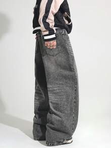 1条 Justice Brother 复古水洗宽松阔腿牛仔裤，美式街头风 - 灰色 - 查看 3