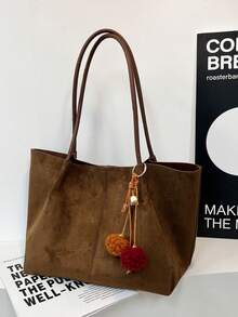 2pcs/Set Autumn/Winter Large Capacity Plush Tote Bag, Fashionable Commuter Handbag With Detachable Pouch & Charm - Multicolor - View 2