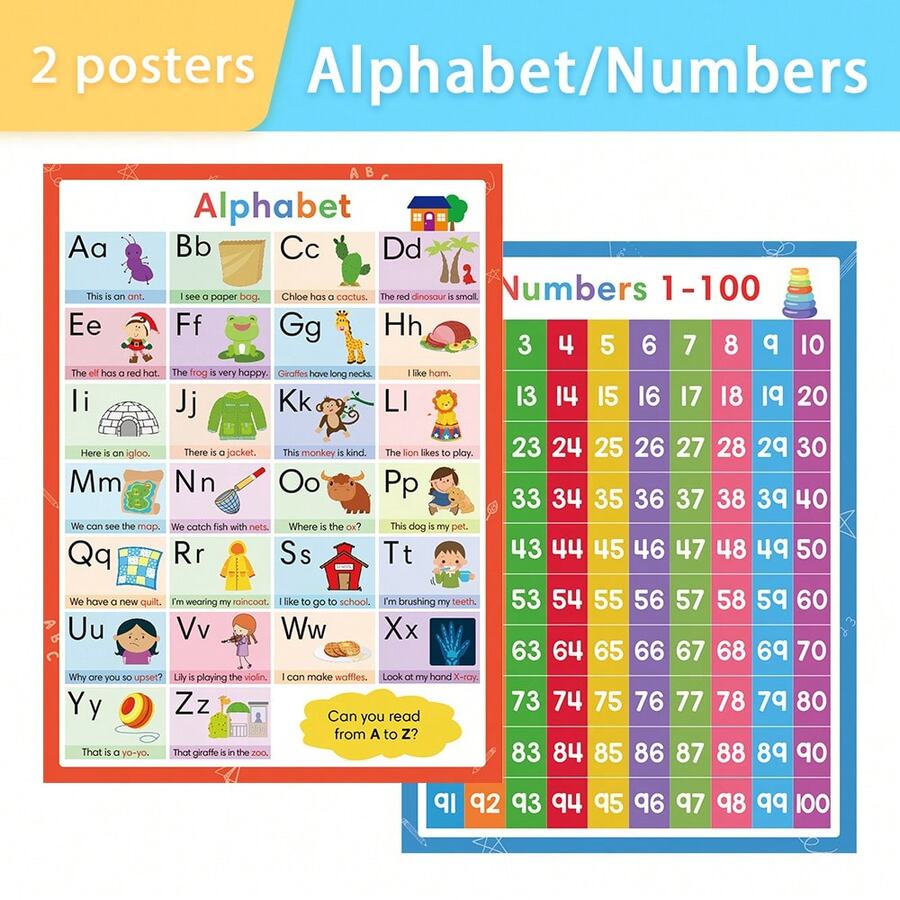 Lachilly Bộ 2 tấm áp phích học chữ cái và số ABC từ 1-100, đồ dùng học tập tại nhà bằng tiếng Anh, áp phích giáo dục, trang trí lớp học, đồ chơi giáo dục cho lớp học tại nhà