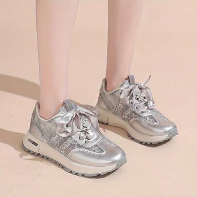 Round Toe Lace Patchwork Versatile Women Casual Sports Sneakers