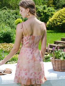 Summer Vacation Floral Ruffle Hem Camisole Dress - Pink - View 6