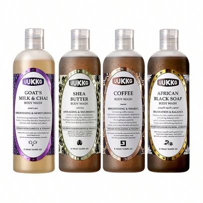 天然沐浴露系列，蕴含乳木果油、羊奶、咖啡和黑皂——滋养、提亮、紧致、平衡所有肤质（4种不同配方）