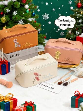 Customized Flower Element Painting Personalized Text Makeup Bag Exclusively For You, Portable PU Waterproof Large Capacity Makeup Bag, Customized Bridesmaid Gift Fashionable Large Capacity Travel Storage Bag, High Beauty Bag,Portable,Multifunction,Versatile,Large Capacity,Lightweight,Functional,Practical,All-Purpose,Colorful,Cute,Adorable,Kawaii,Y2K,Vacay Vibes/Vacation,Leisure,Commuting,Business Casual,Custom,Personalized,Unique,Customized,Travel Bag,Toiletry Bag,Girlfriend,Boyfriend,Family,Friends,For Outdoors/Outings/Travel/Hiking/Stadium/Sports/Climbing,For Business/Commute/Work/Office,Vacation,New Year Glamour