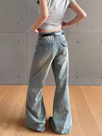 Vintage Distressed Loose Fit Vertical Striped Jeans