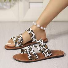 Women's Cow & Leopard Print Slides, Lightweight Open Toe Flat Shoes, Casual Slide Sandals