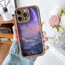 Cubierta de teléfono con borde protector negro diseño de paisaje espacial con montañas y planeta en tonos púrpura y rosa para uso diario y estilo moderno - Burdeos - Ver 5