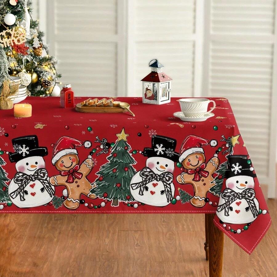 Christmas Tablecloth 60*84 Inch Rectangular Gingerbread Man Tree Snowman Red Washable Table Cover For Party Picnic Dinner Decor - Red - View 1