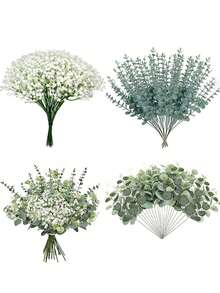 15/30/60 Pcs 3 Kinds Babys Breath Mixed Eucalyptus Leaves Artificial Flowers For Wedding Vase Bouquet Floral Arrangement Decor Gifts Birthday Graduation,Fake Plants