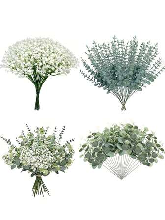 15/30/60 Pcs 3 Kinds Babys Breath Mixed Eucalyptus Leaves Artificial Flowers For Wedding Vase Bouquet Floral Arrangement Decor Gifts Birthday Graduation,Fake Plants